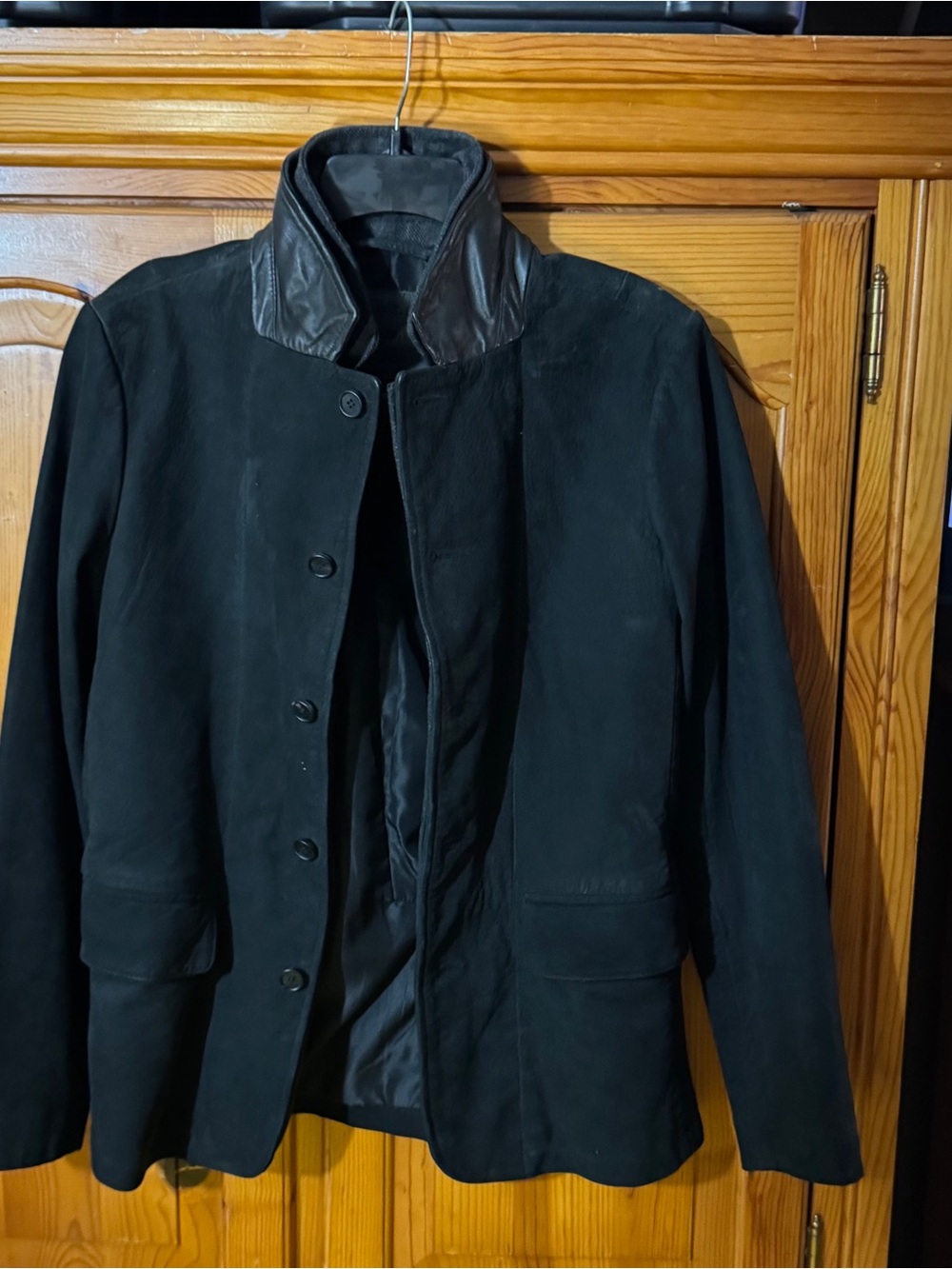AllSaints Black Suede Shirt Jacket with Leather-Trim Collar
